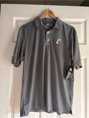 Russell Athletic Men's Gray and White Striped Polo with Red Accent